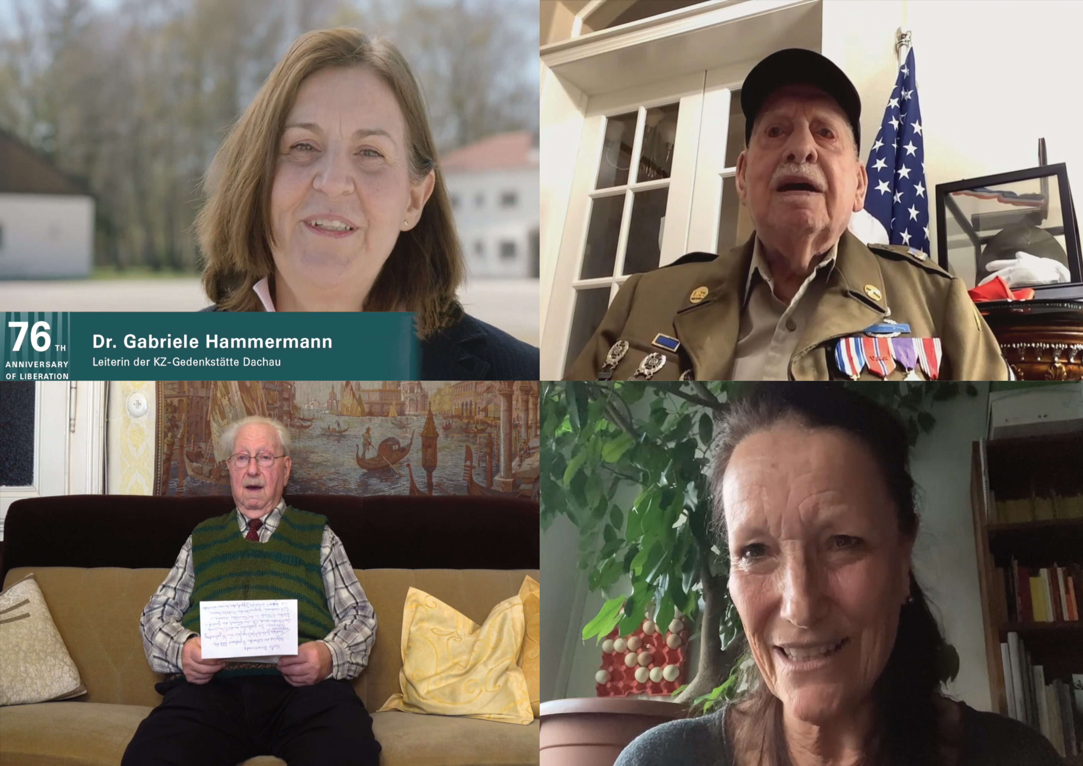 Collage von Sprecherinnen und Sprechern bei der digitalen Gedenkveranstaltung zum 76. Jahrestag der Befreiung des Konzentrationslagers Dachau, 2021.